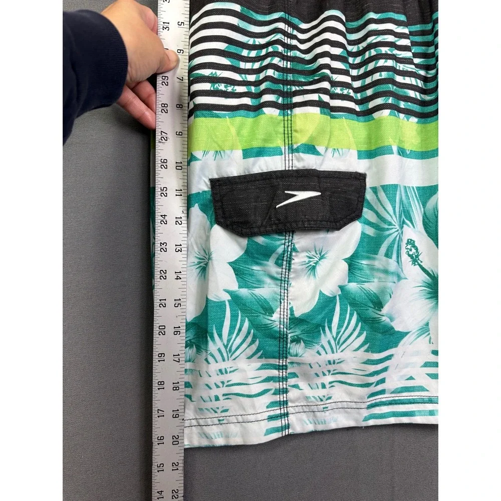 Speedo Men Tropical Floral Striped Board Shorts Teal Green Black Swim‎ Trunks 30